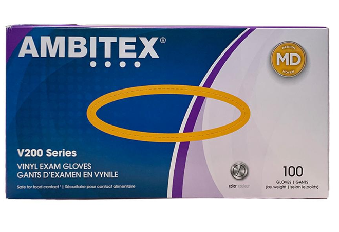Ambitex V200 Vinyl Exam Gloves, Powder Free, Medium, 100 Count