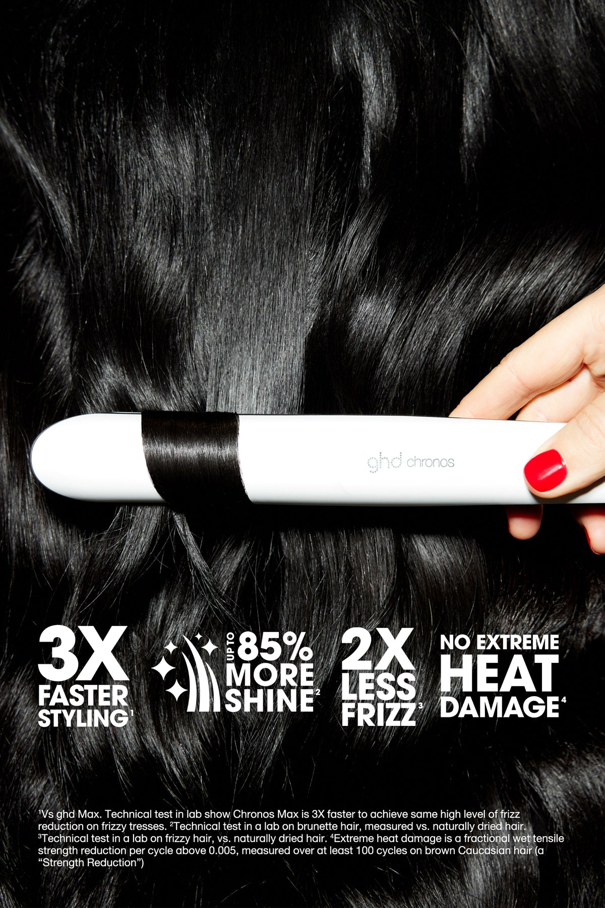 Glossy straight hair styled with ghd Chronos — 3x faster styling, 85% more shine