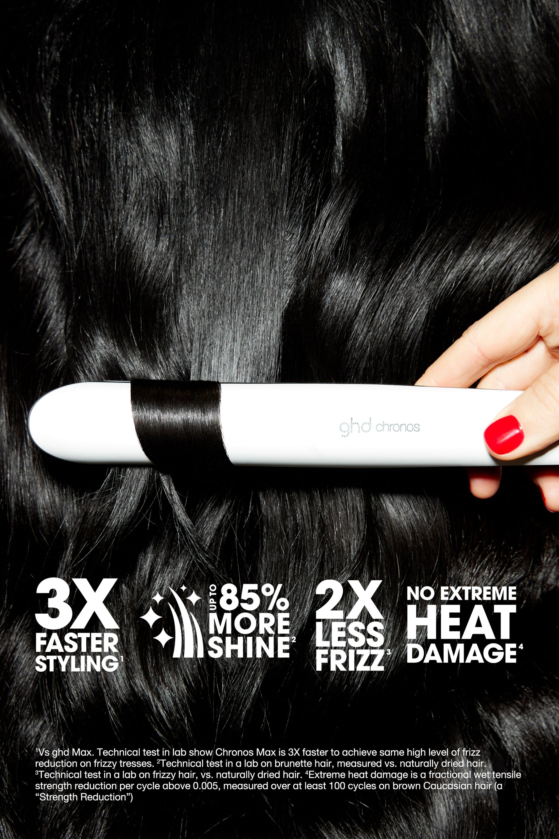 Glossy straight hair styled with ghd Chronos — 3x faster styling, 85% more shine