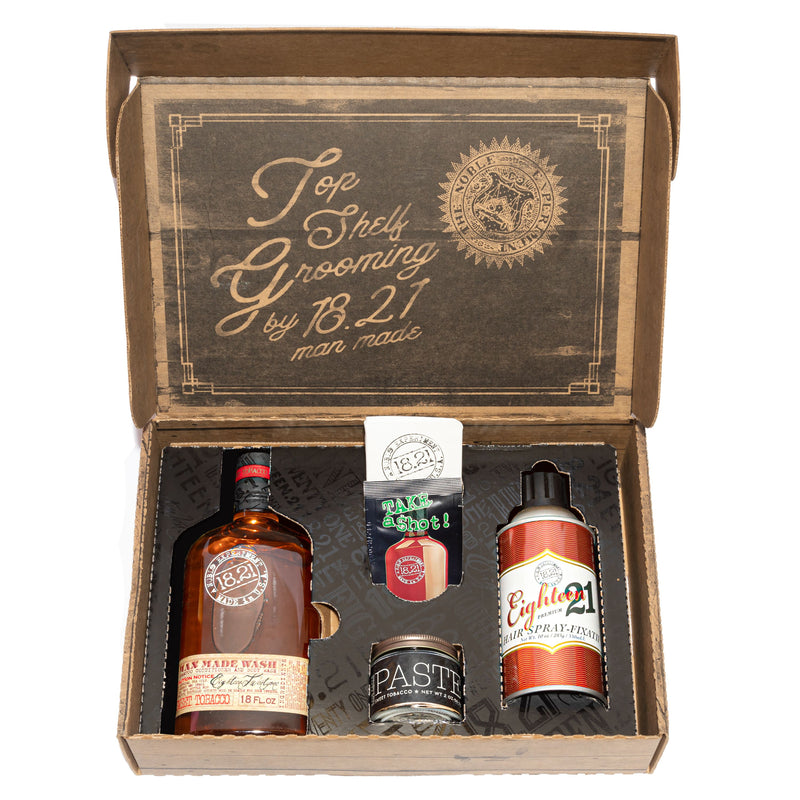 Sampler Box Sweet Tobacco Wash 18oz Sweet Tobacco+Paste 2oz Sweet Tobacco+Hair Spray 10oz Sweet Tobacco+Shot+Spirits .05oz Sweet Tobacco