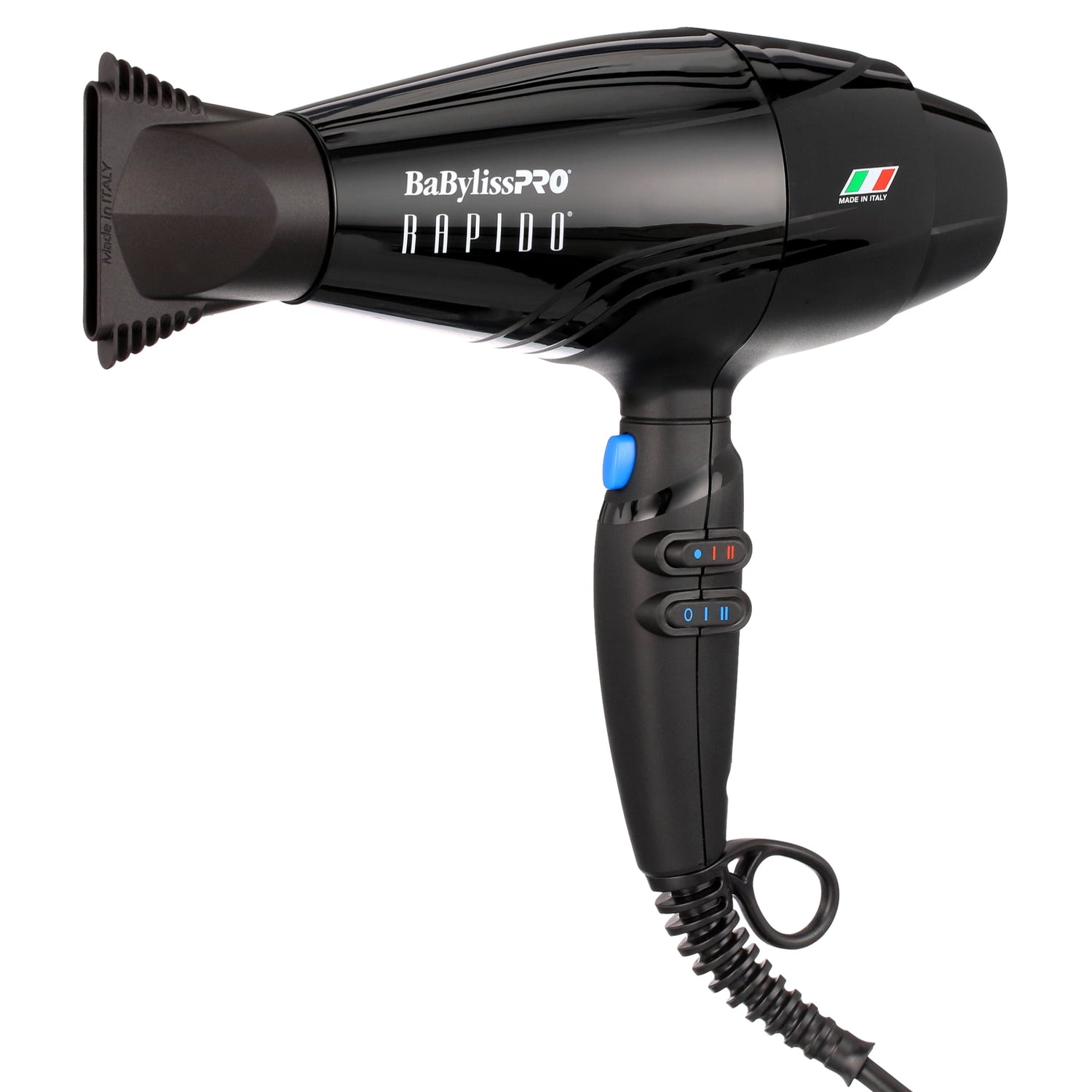 BabylissPro Rapido Blow Dryer (Black)..Nano Titanium Heat Technology, 2000 Watts, 6 heat/speed settings, cold shot button, 3 snap-in concentrator nozzles, drawstring pouch..