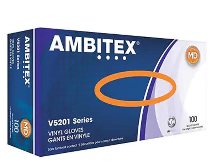 Ambitex VMD5201 Vinyl Gloves, Clear Powder-Free, Box of 100